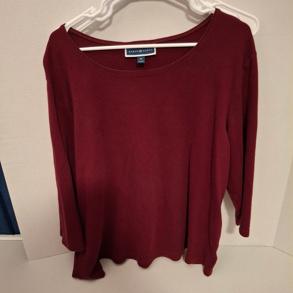 KAREN SCOTT Women's Burgundy 3X Cotton‎ 3/4 Sleeve Casual Top Shirt